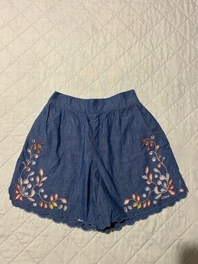 Chloe Blue Embroidered Scallop-Hem Shorts with Pink Accents